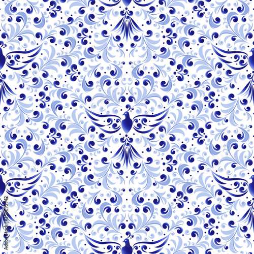 Seamless blue pattern with stylized birds and plants in Russian folk style Gzhel
