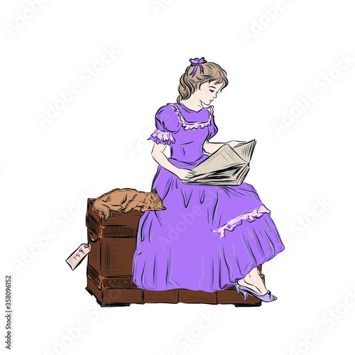 Attractive girl in lilac ball gown reads book sitting on vintage wooden chest with lying sleeping red cat. Beauty fashion blonde woman in  dress in vintage style with kitty. 