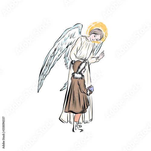 Guardian angel and baby. Man with golden halo and wings. Design for religious holidays - Easter, Christmas.