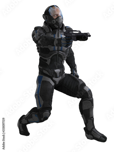 Science fiction illustration of a male future soldier wearing outer space combat armour and helmet, 3d digitally rendered illustration