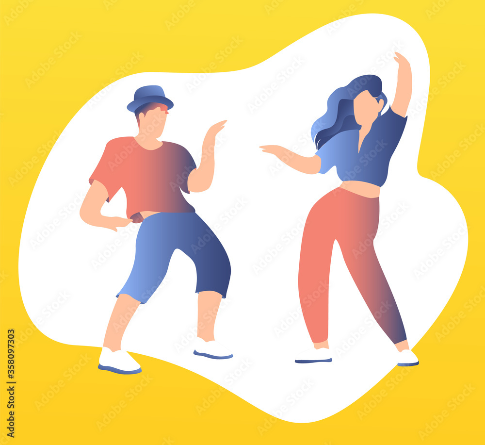 Fototapeta premium Stylish young guys dancing at a talent contest. Dancing at the party, the concept of outdoor activities. Bright background. Exciting music party, dancing friends character illustration.
