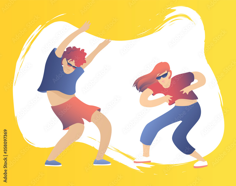 Young bright guys in sunglasses are dancing. The concept of fun parties together. Happy dancing people. Club female and male dancers. Exciting music party, disco dancing friends character illustration