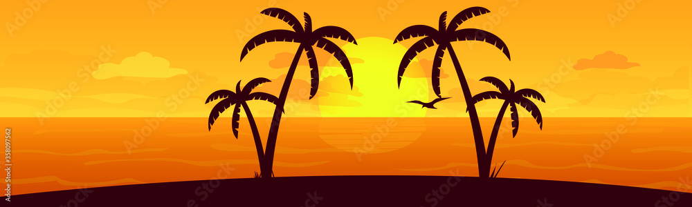 Colorful sunset landscape on a desert island, sun sea sand, flying bird palm. Vector