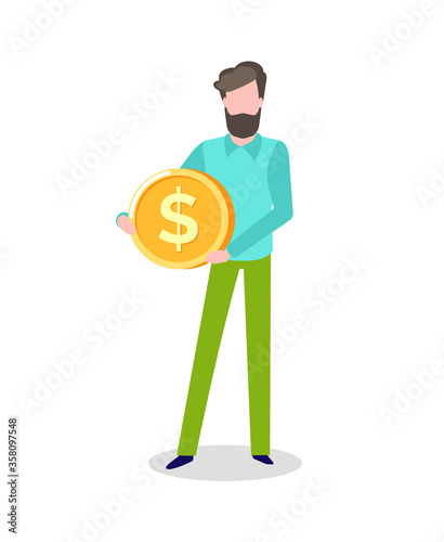 Man holding golden coin with dollar sign isolated. Vector male with money investment symbol. Bearded person and cash  business finance concept