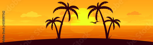 Colorful sunset landscape on a desert island  sun sea sand  flying bird palm. Vector