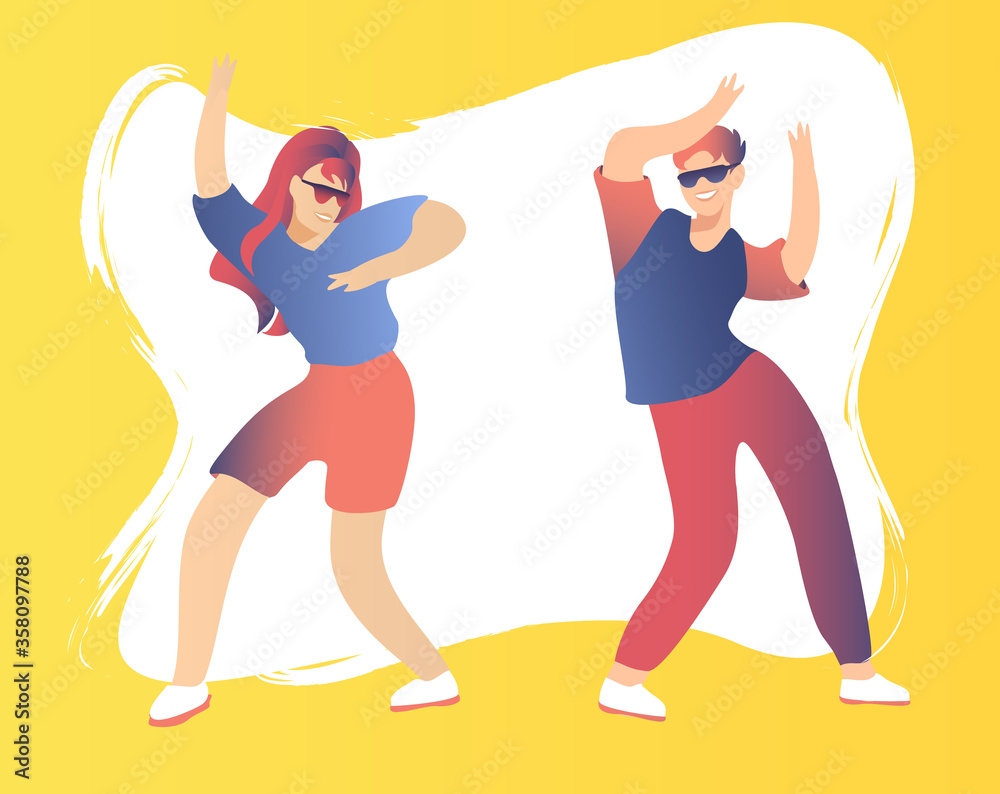 Young bright guys in sunglasses are dancing. Dancing at the party, the concept of outdoor activities. Bright background. Exciting music party, dancing friends character illustration.