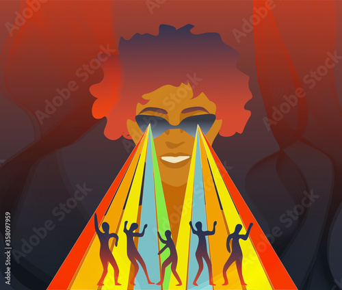 Beautiful young girl with afro in sunglasses on a big party. Rainbow disco concept. People dance under a spotlight in the club.