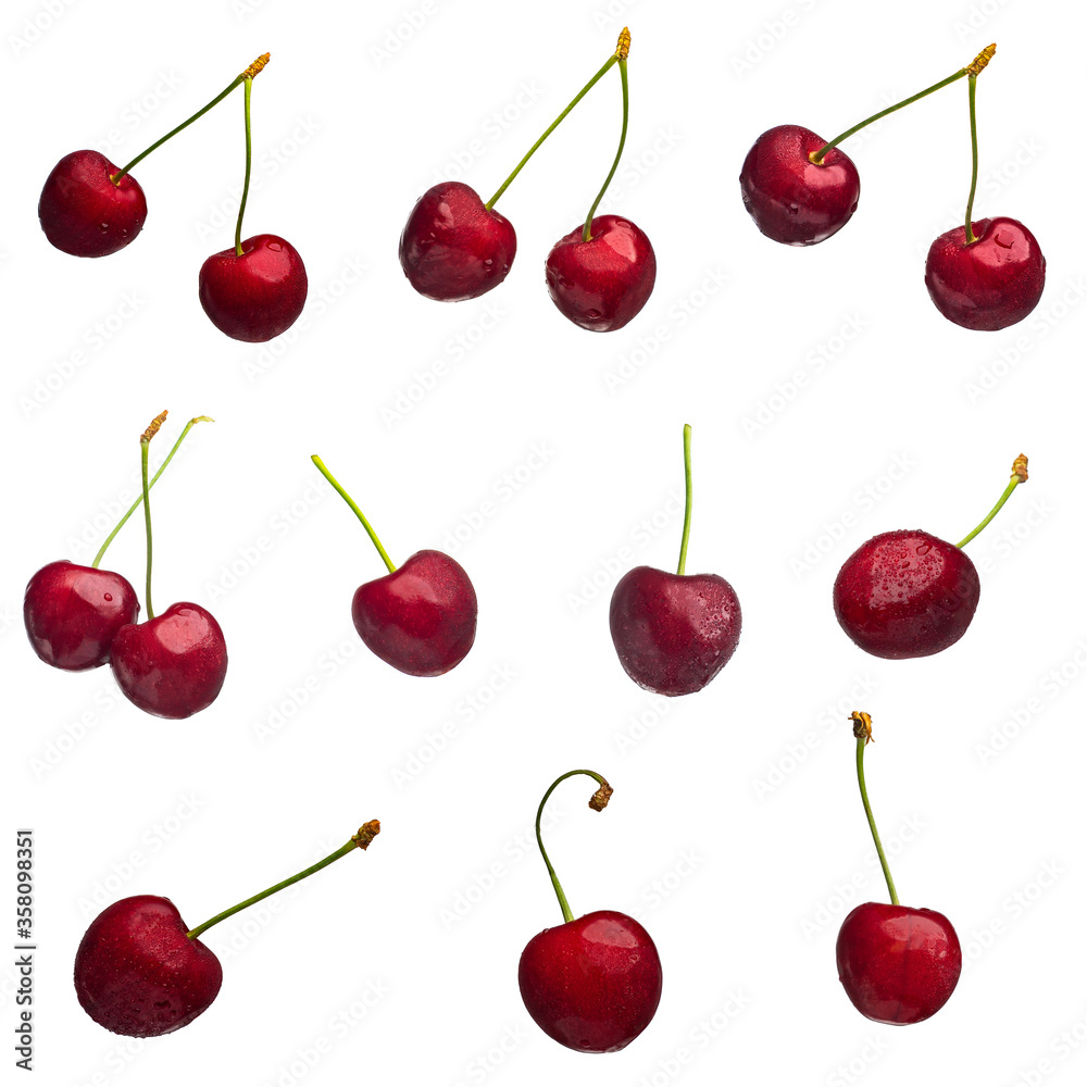 Juicy and bright cherry fruits with water drops isolated on a white background Juicy and bright cherry fruits with water drops isolated on a white background