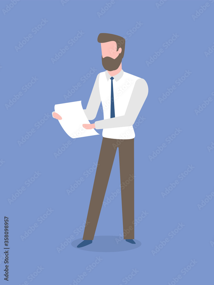 Bearded man financial investor with sheet of paper isolated cartoon character. Vector male in trousers and tie read documents or make a report on investment
