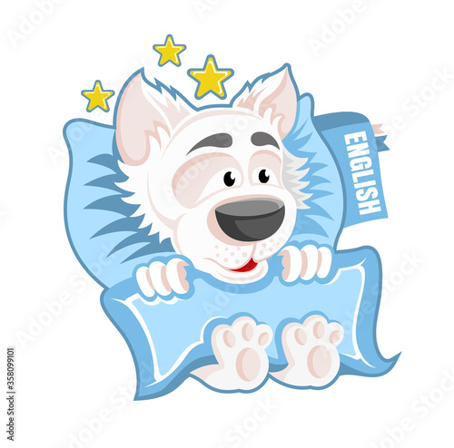 Character white dog in the bed with book under the pillow in cartoon style on white.