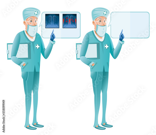 character of doctor with speech buble and x-ray, clothed in medical suit and mask. Vector illustration in cartoon style
