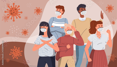 Coronavirus quarantine. Group of people wearing face medical masks to prevent disease protecting from virus, flu, air pollution, contaminated air, world pollution. Crowd of people surrounded covid