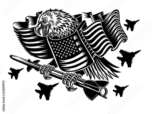 Eagle wrapped up in american flag with reactive missile in his claws