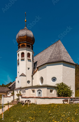 Beautiful church at Oberau near Berchtesgaden, Bavaria, Germany with the famous Untersberg in the background