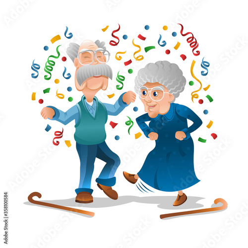 Grandpa and grandma have fun and dance at the disco. Grandmother and grandfather celebrate birthday or other holiday together.