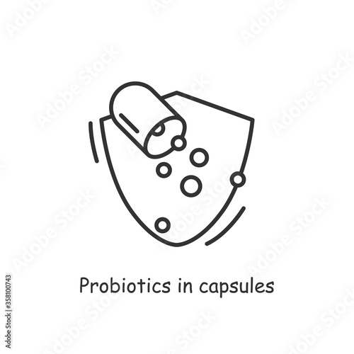 Probiotics in capsule icon.Probiotic supplement for healthy balance of gut bacteria, immune and digestive health.Human flora, medicine and healthcare concept.Linear vector illustration.Editable stroke