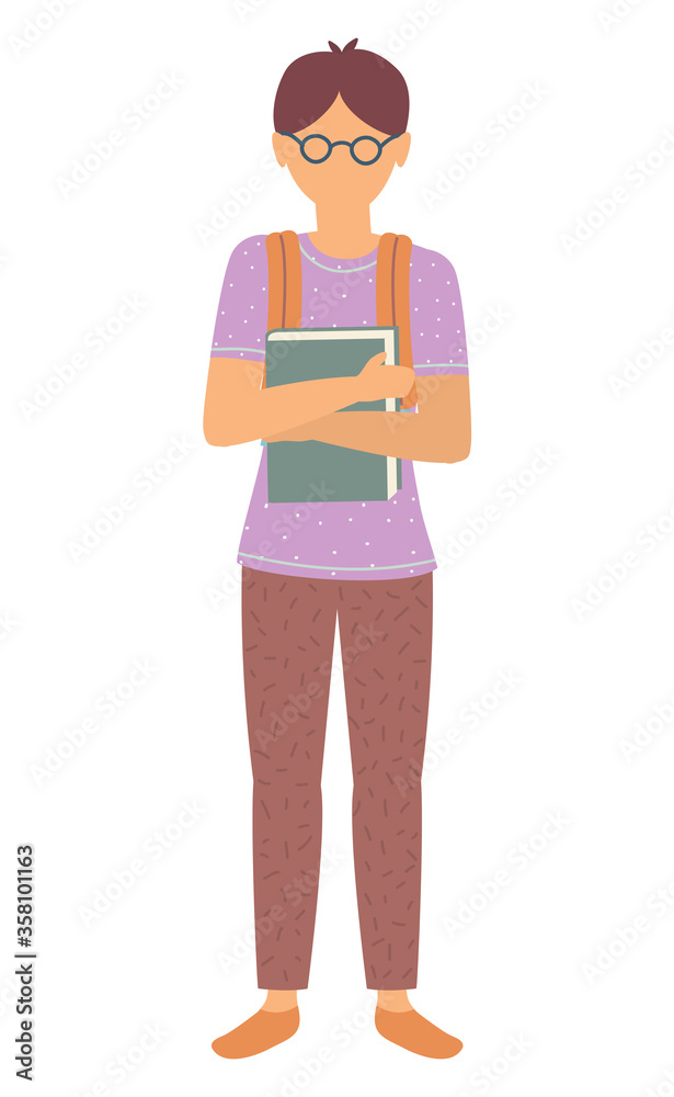 Boy standing with backpack and book, pupil in casual clothes and glasses. Back to school, kid character with textbook, child study, schoolkid vector. Back to school concept. Flat cartoon Boy standing with backpack and book, pupil in casual clothes and glasses. Back to school, kid character with textbook, child study, schoolkid vector. Back to school concept. Flat cartoon