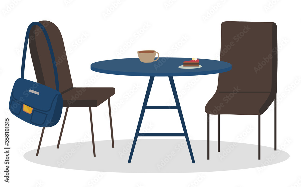 Fototapeta premium Table with coffee beverage and dessert on plate, couple of nobody chairs with bag isolated on white. Kitchen or coffeehouse furniture with latte and sweet food. Cappuccino drink and bakery vector