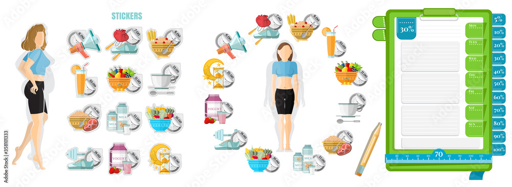 Health diary. Woman with her schedule diet from left. Template of notebook paper for notice right and stickers of diary. Health diary. Woman with her schedule diet from left. Template of notebook paper for notice right and stickers of diary.