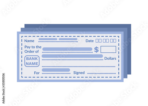 Check vector, empty form containing name of bank, date of transaction and holder name with detailed info about receiver, isolated icon in flat style