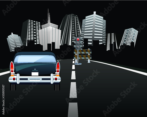 Car stopped at red temporary traffic lights due to roadworks on road leading to generic city