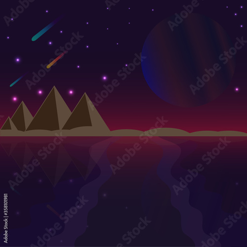 Egyptian pyramids, Nile river, space planet and comets on the background of sunset