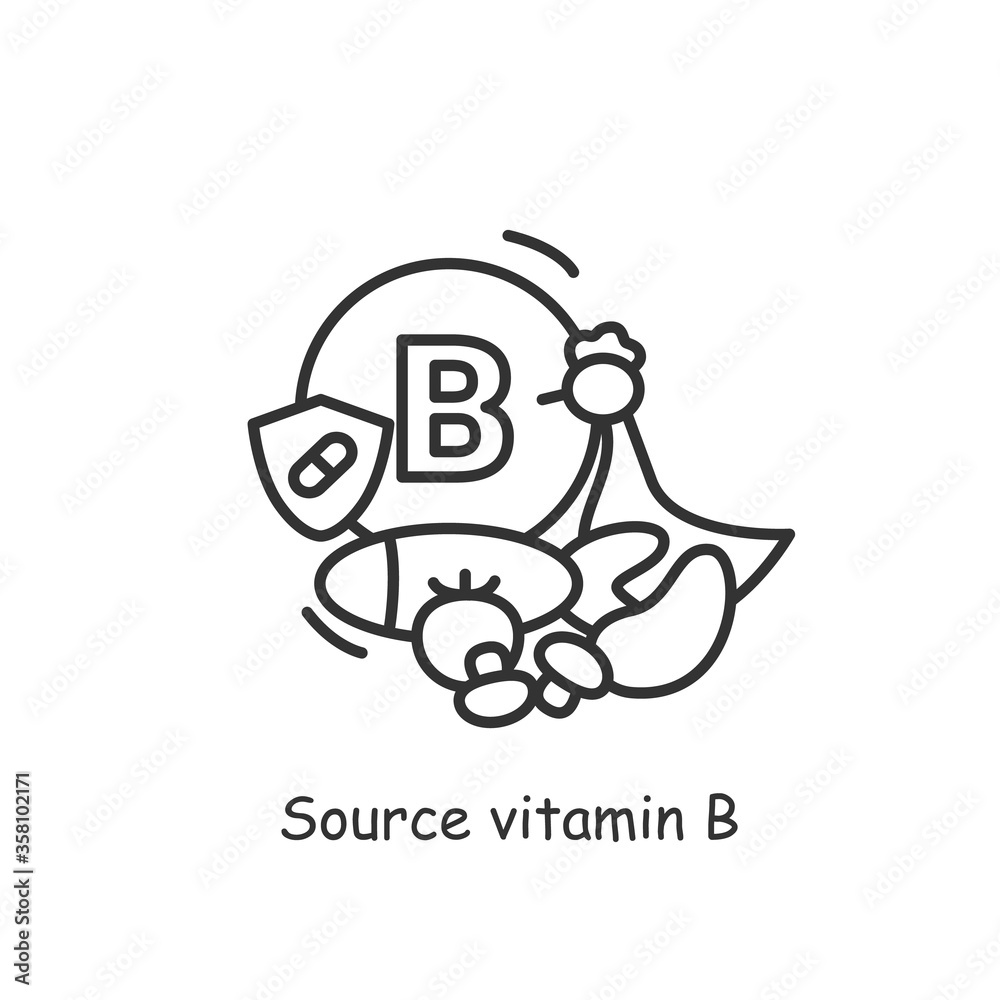 Vitamin B source icon. Thin line vitamin sign, dieting products for healthy immune system and metabolism. Medicine, healthcare and nutrition concept. Outline vector illustration.Editable stroke