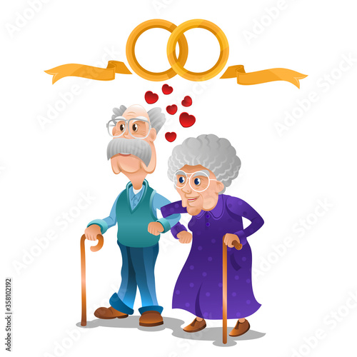 Old grandma and grandpa stand together arm in arm. Couple with two crossed golden rings above them. Golden jubilee or golden wedding anniversary