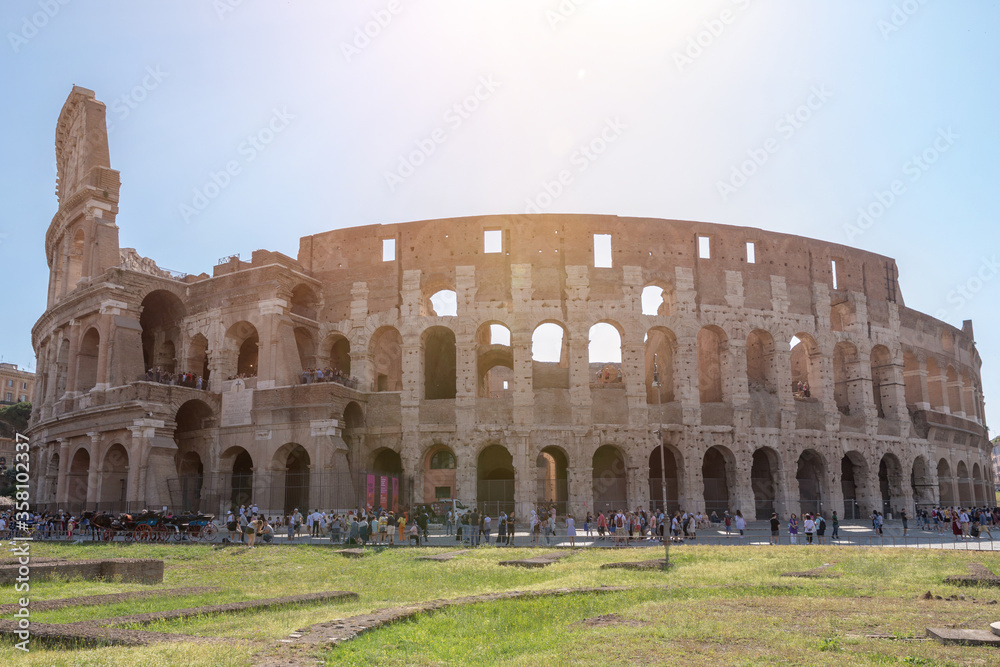 Panoramic view of exterior of Colosseum in Rome