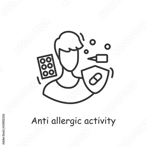 Allergic activity probiotics icon. Allergy reaction medication and medical treatment concept. Allergic diseases symptoms, sickness and headache from allergen.Line vector illustration.Editable stroke 