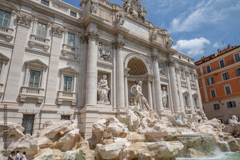 Panoramic view of Trevi Fountain in the Trevi district in Rome, Italy