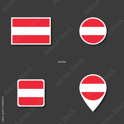 Austria flag icon set in different shape (rectangle, circle, square and marker icon) on dark grey background. Austria sticker flag icon collection on barely dark background.