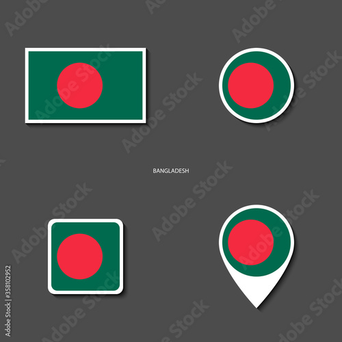 Bangladesh flag icon set in different shape (rectangle, circle, square and marker icon) on dark grey background. Bangladesh sticker flag icon collection on barely dark background.
