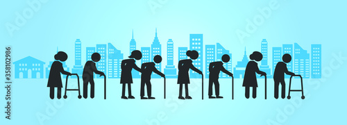 set of old man in the city on blue background.elder icon.vector illustration.