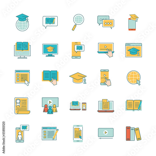 line and fill style icon set design, Education online and elearning theme Vector illustration