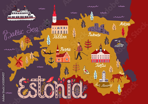 Cartoon map of Estonia. Travel and attractions of Eastern Europe