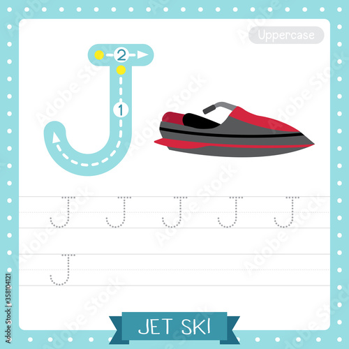 Letter J uppercase tracing practice worksheet of Jet Ski