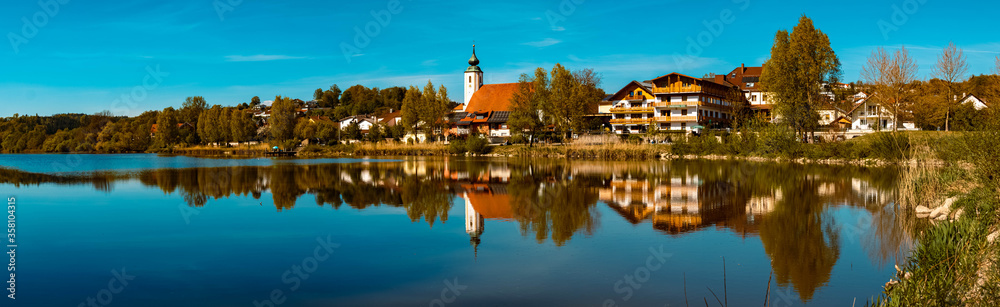 High resolution stitched panorama of a beautiful spring view with reflections at Windorf, Danube, Bavaria, Germany