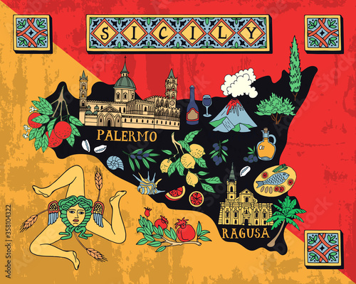 Illustrated map of the Italian island of Sicily. Travel and attractions.