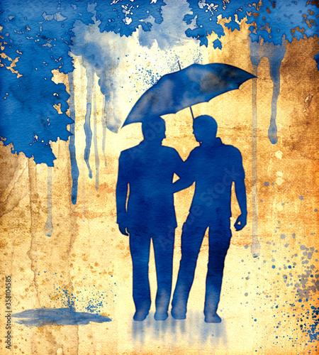 Loving couple walks in the park in the rain