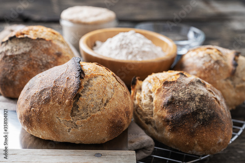 Freshly baked home made sourdough bread buns