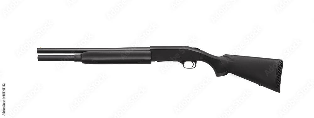 Modern semi-automatic tactical shotgun isolate on white background. Modern weapons on a light background. Modern semi-automatic tactical shotgun isolate on white background. Modern weapons on a light background.