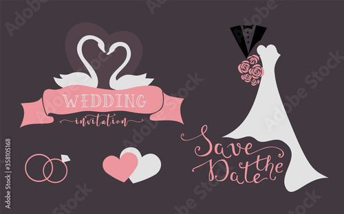 Set of Wedding design elements &  lettering for your wedding invitation card, banner, ribbon, labels, frames, badge, stickers