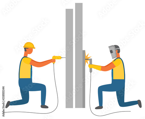 Handyman working on construction vector, isolated characters wearing uniform and helmets. People welding and drilling teamwork instruments in hands