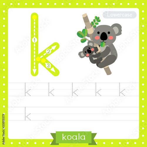 Letter K lowercase tracing practice worksheet of Koala bear and baby koala © natchapohn