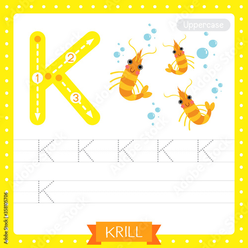 Letter K uppercase tracing practice worksheet of Krill