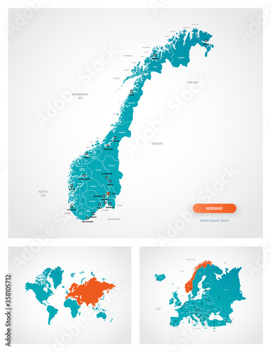 Editable template of map of Norway with marks. Norway on world map and on Europe map.