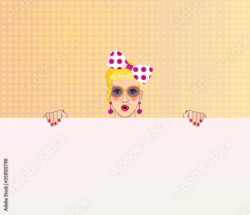 Discount sale banner, pretty retro pop art pin up white lady woman blonde holding billboard in sun glasses, wow omg expression lips, surprise, polka dot yellow background 