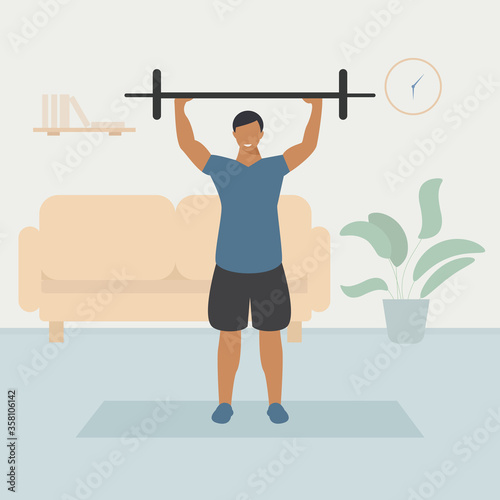 Man doing sports at home. Stay home and workout. Flat character illustration. Home workout.