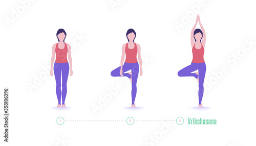Yoga pose. Vrikshasana. Tree pose - exercise step by step. Vector